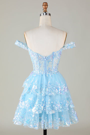 Corsé azul brillante Encaje escalonado A-Line Vestido corto de bienvenida